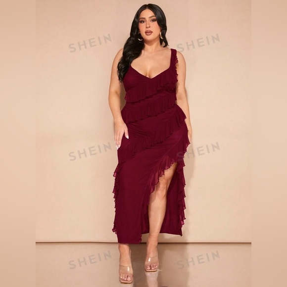 NWT & BAG SHEIN BAE Plus Size Women Ruffled Hem Slit Dress BURGUNDY - Picture 5 of 7